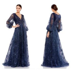 NWT Mac Duggal 20283 Size Navy V Neck Puff Sleeve Embroidered A Line Gown  14